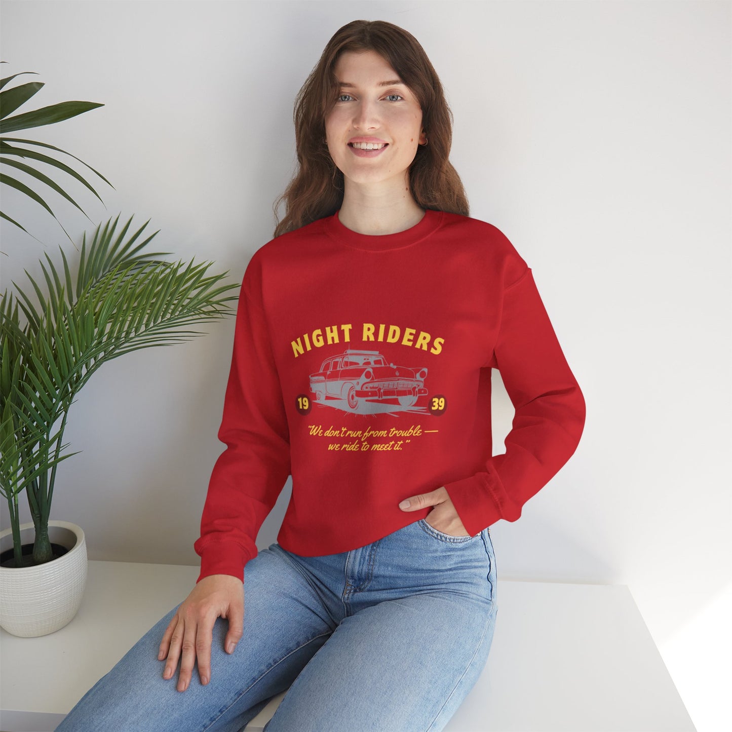 Night Riders Crewneck Sweatshirt - Vintage Car Design for Adventure Lovers