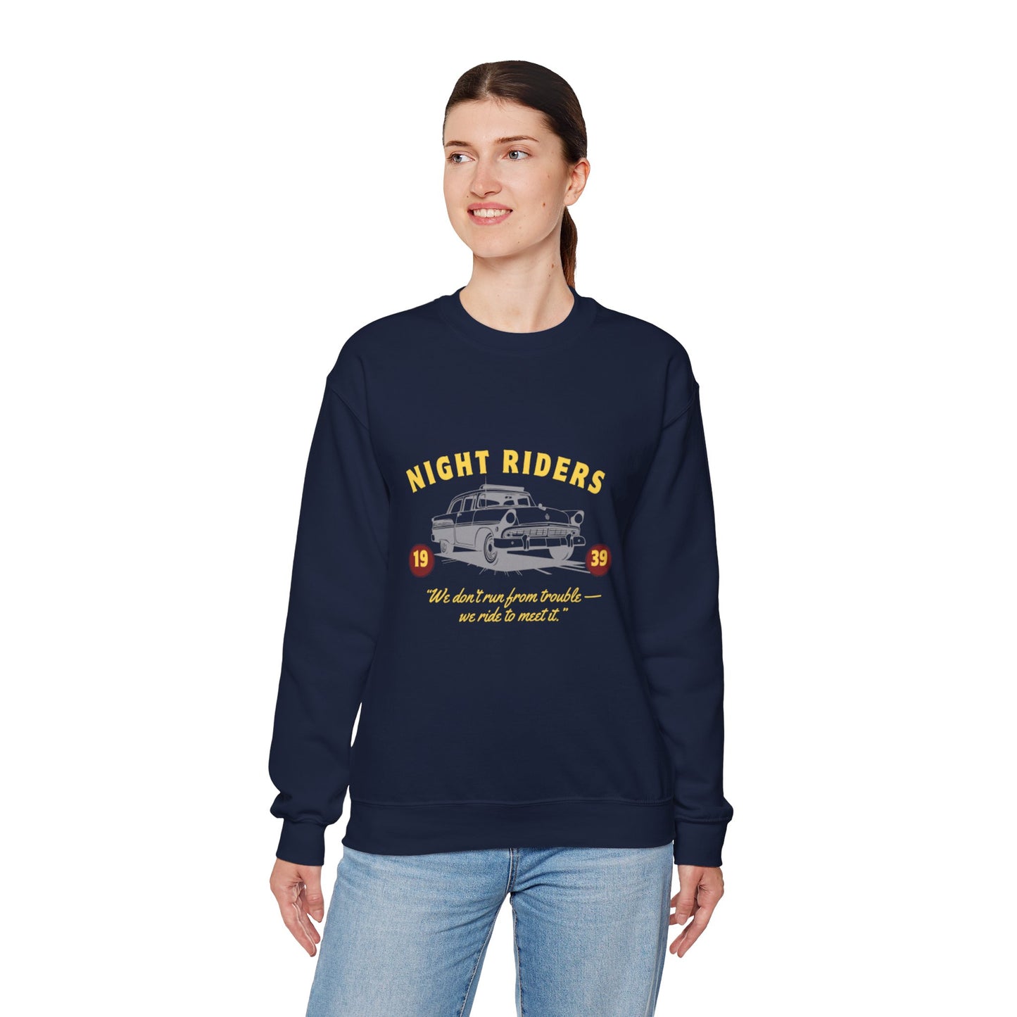 Night Riders Crewneck Sweatshirt - Vintage Car Design for Adventure Lovers