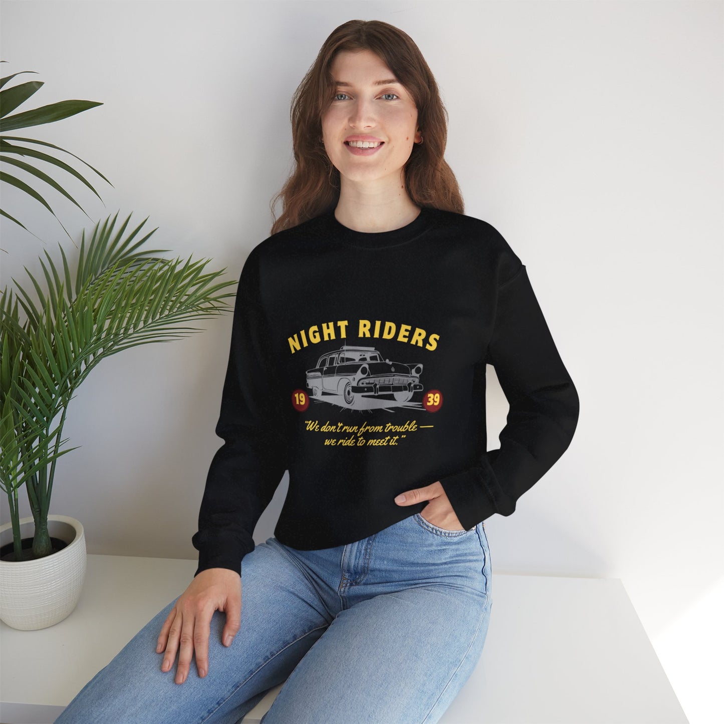 Night Riders Crewneck Sweatshirt - Vintage Car Design for Adventure Lovers