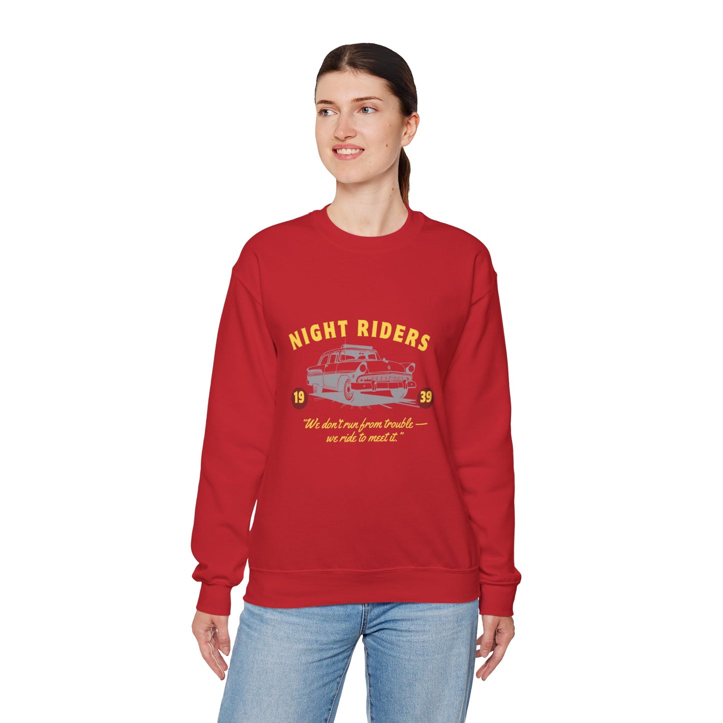Night Riders Crewneck Sweatshirt - Vintage Car Design for Adventure Lovers