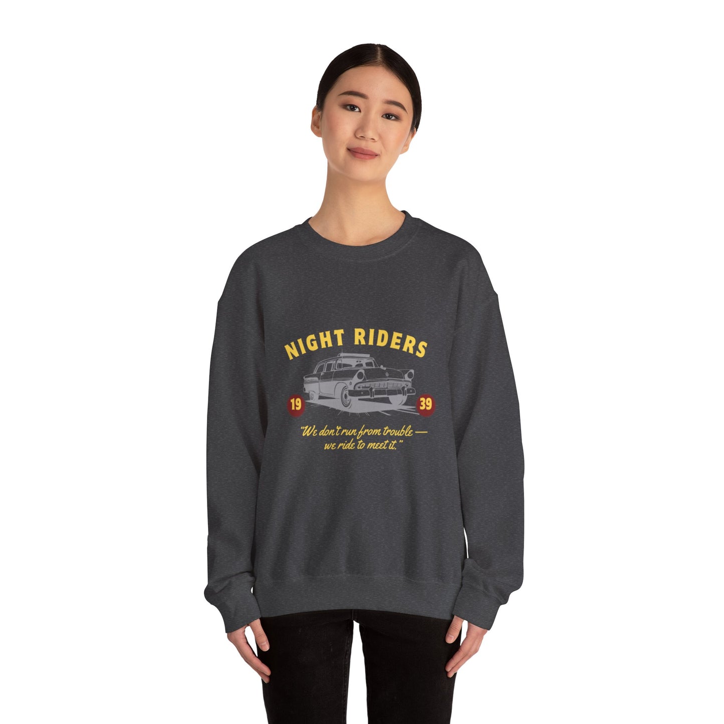 Night Riders Crewneck Sweatshirt - Vintage Car Design for Adventure Lovers