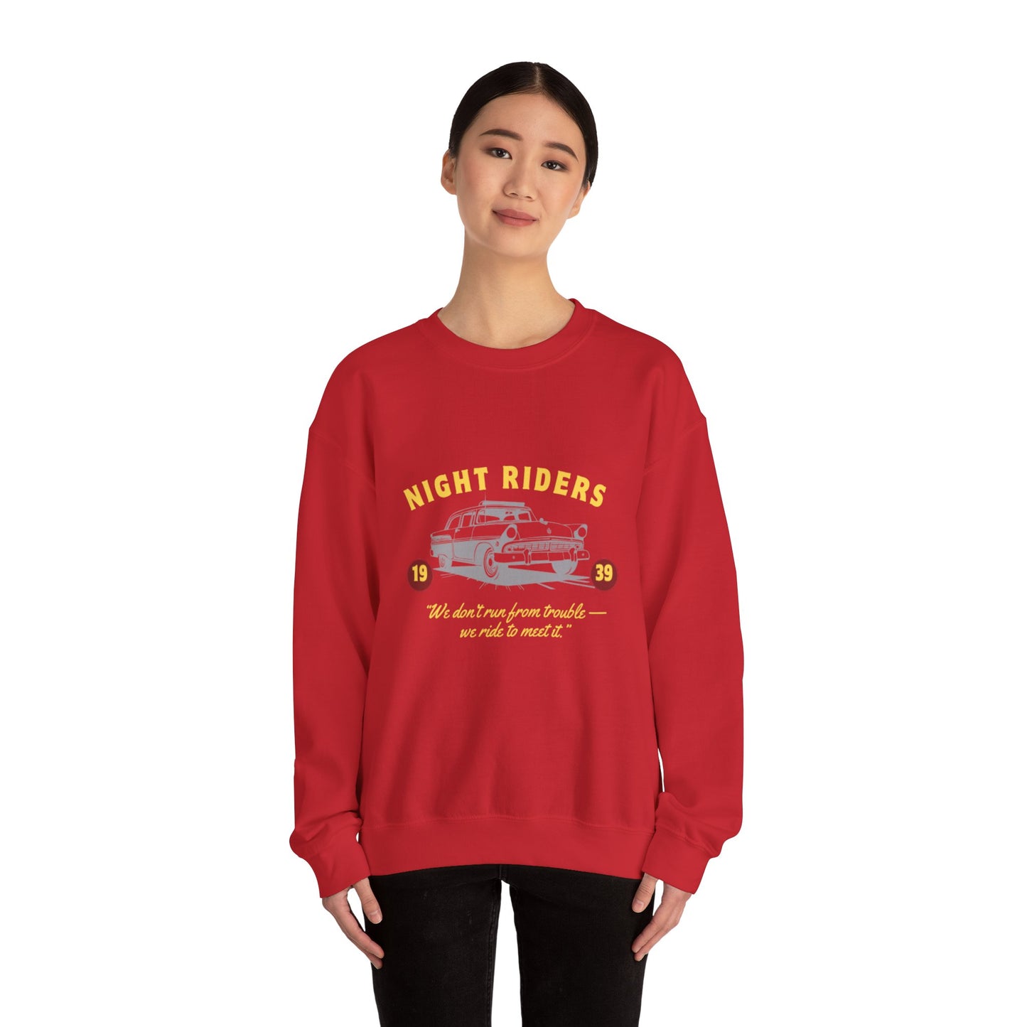 Night Riders Crewneck Sweatshirt - Vintage Car Design for Adventure Lovers
