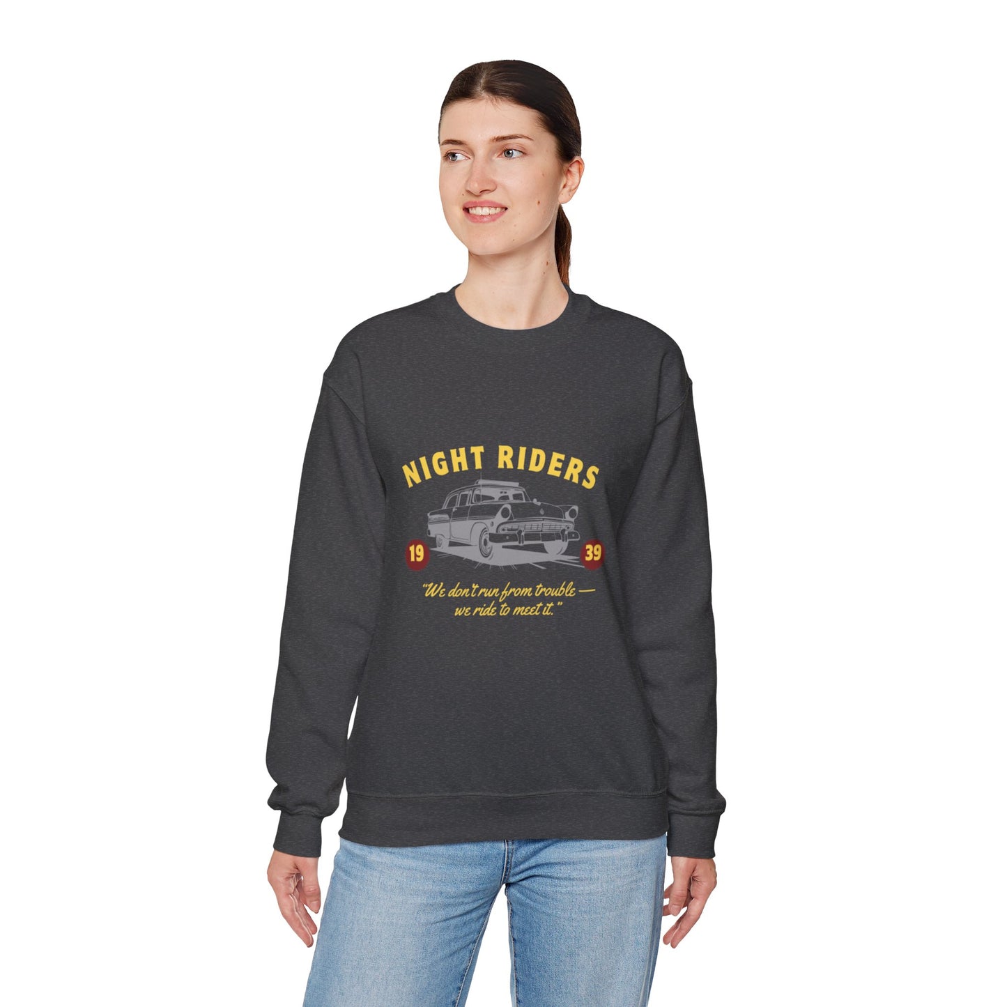 Night Riders Crewneck Sweatshirt - Vintage Car Design for Adventure Lovers