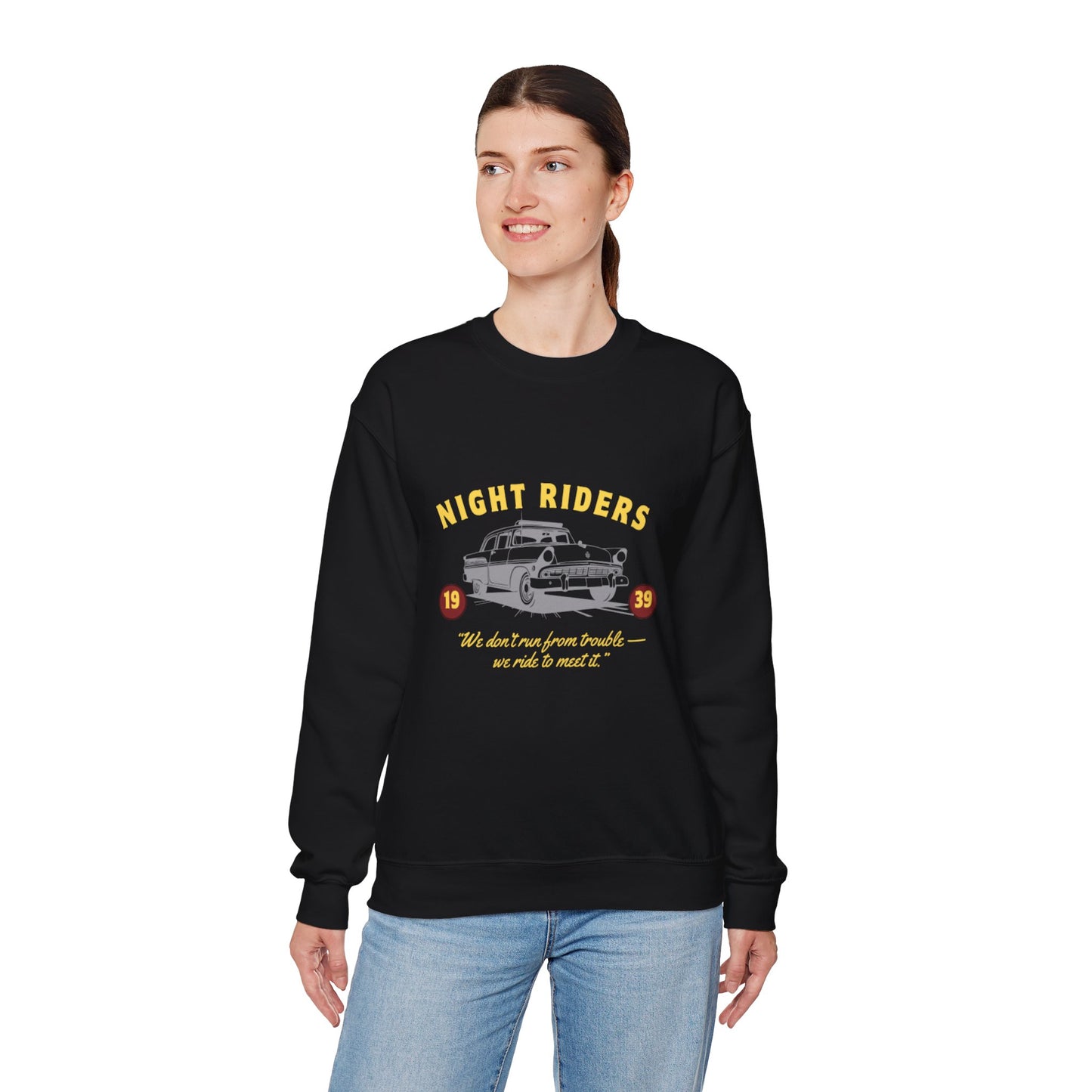 Night Riders Crewneck Sweatshirt - Vintage Car Design for Adventure Lovers