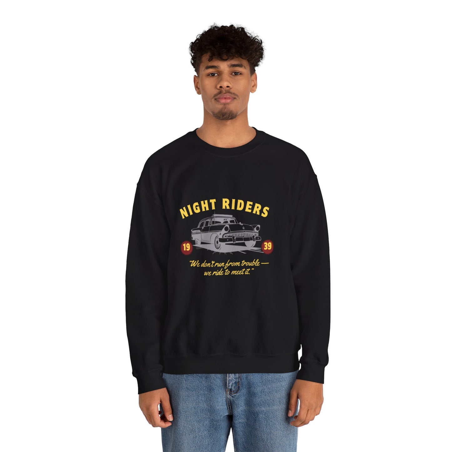 Night Riders Crewneck Sweatshirt - Vintage Car Design for Adventure Lovers