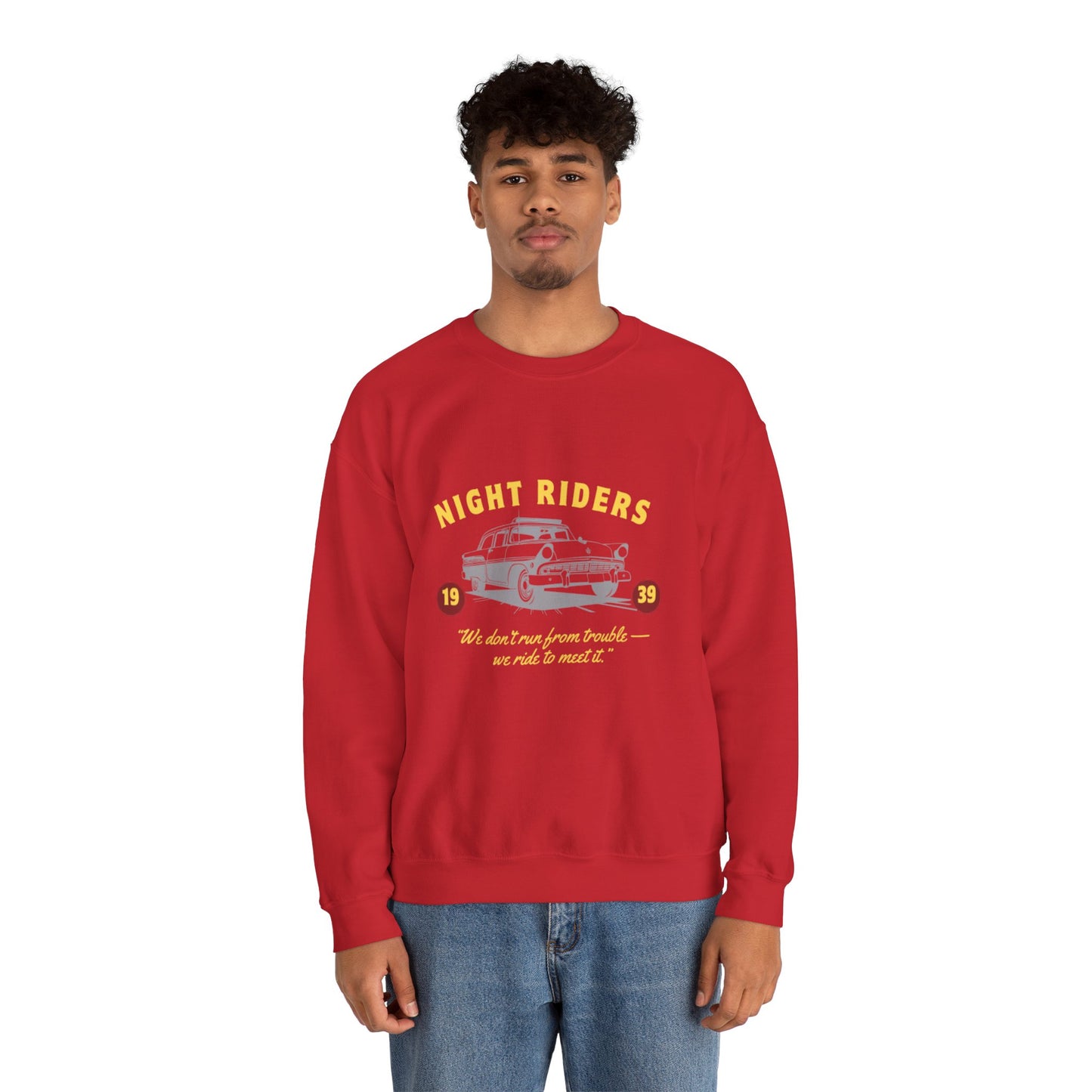 Night Riders Crewneck Sweatshirt - Vintage Car Design for Adventure Lovers