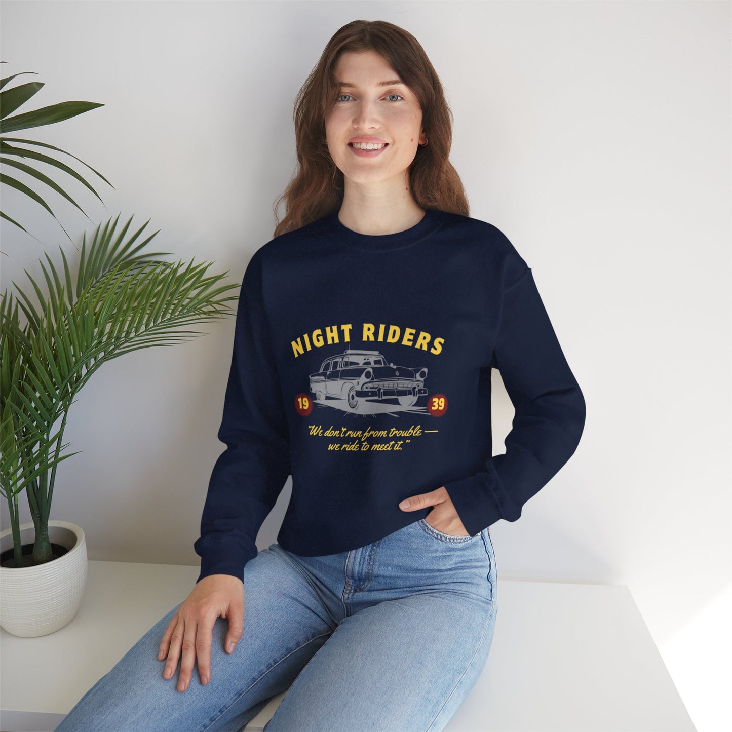 Night Riders Crewneck Sweatshirt - Vintage Car Design for Adventure Lovers