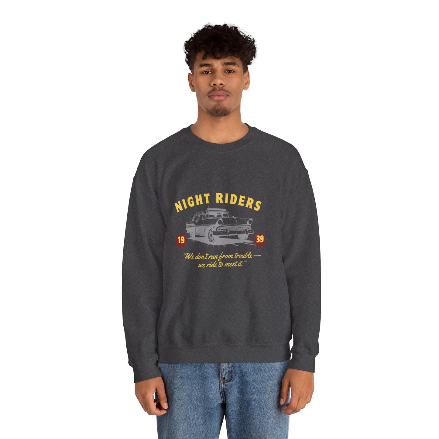 Night Riders Crewneck Sweatshirt - Vintage Car Design for Adventure Lovers