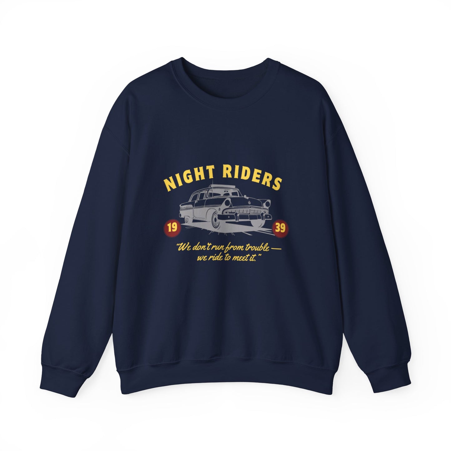 Night Riders Crewneck Sweatshirt - Vintage Car Design for Adventure Lovers