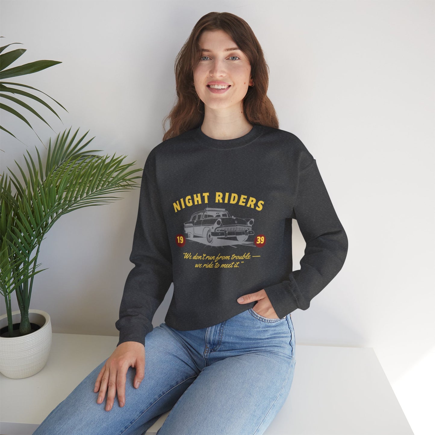 Night Riders Crewneck Sweatshirt - Vintage Car Design for Adventure Lovers