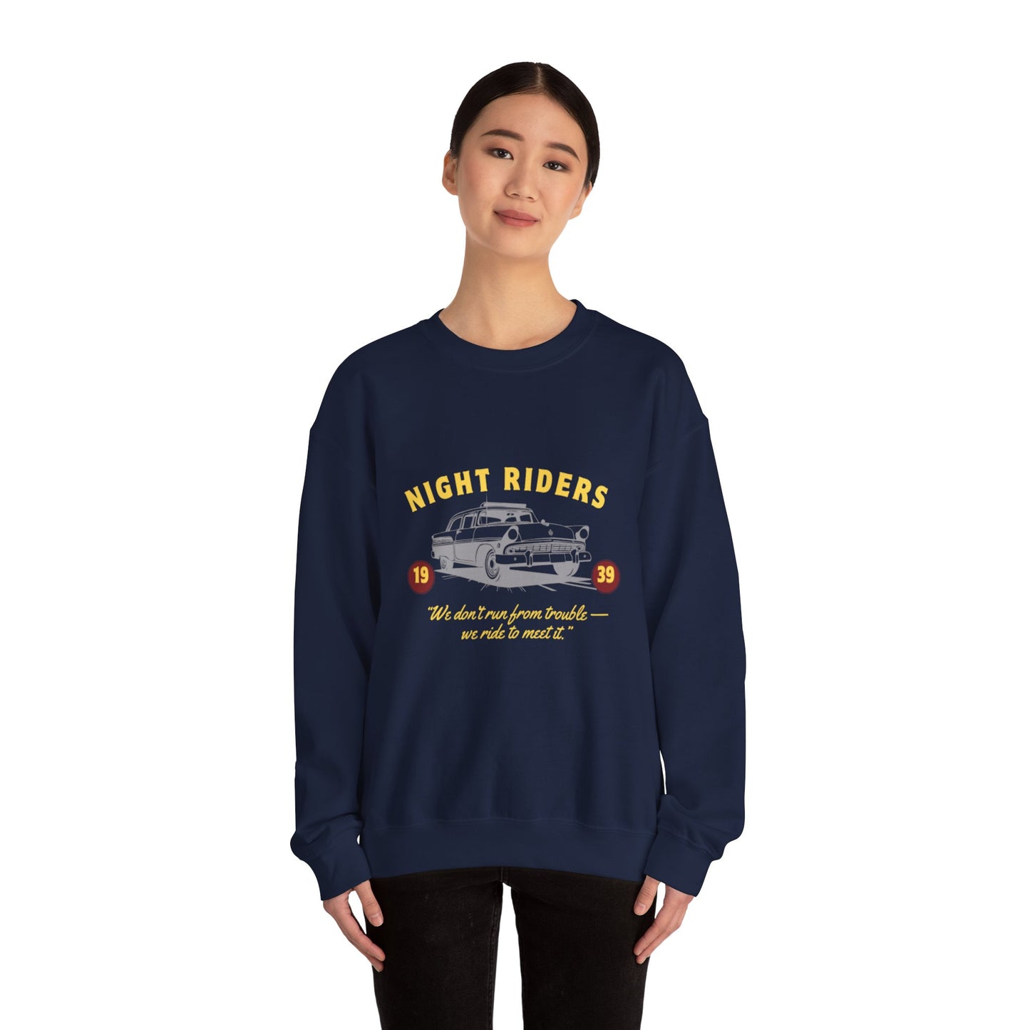 Night Riders Crewneck Sweatshirt - Vintage Car Design for Adventure Lovers