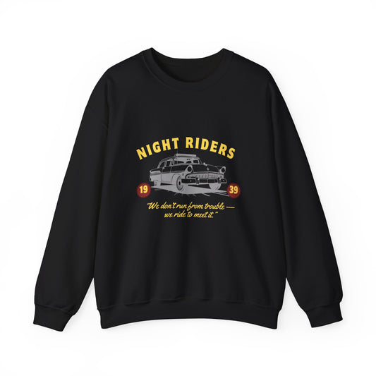 Night Riders Crewneck Sweatshirt - Vintage Car Design for Adventure Lovers