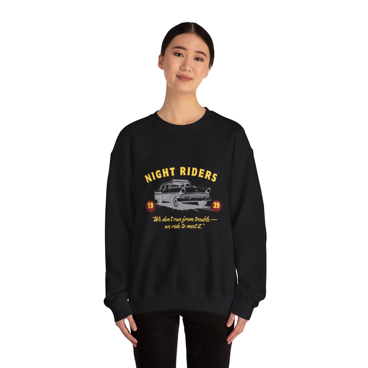 Night Riders Crewneck Sweatshirt - Vintage Car Design for Adventure Lovers